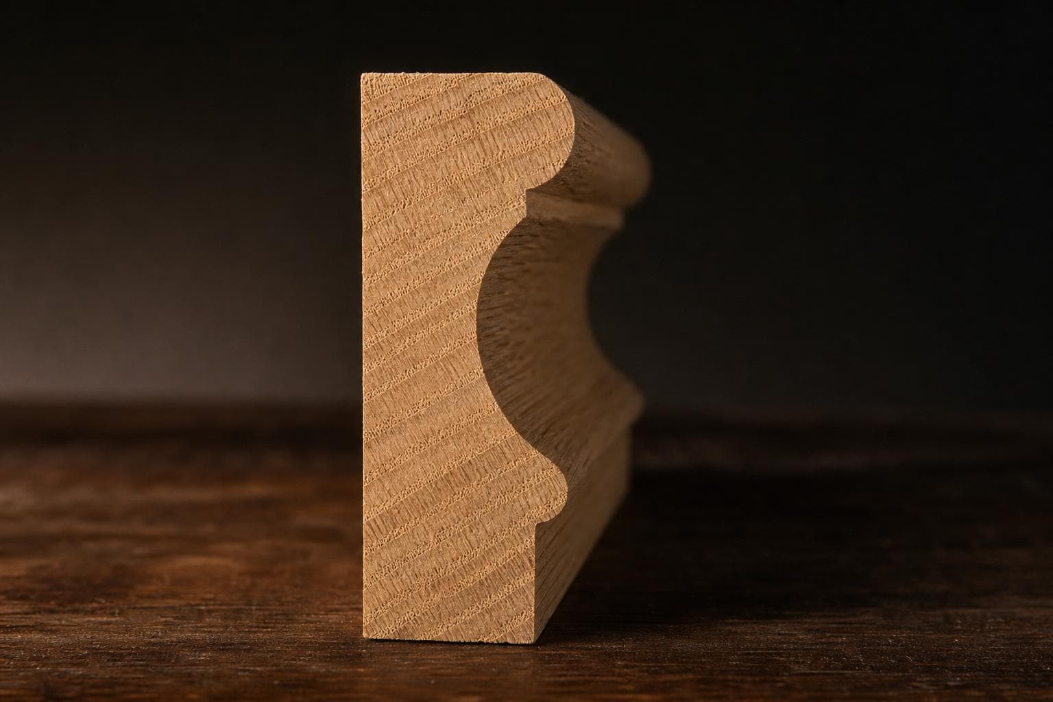 Unfinished oak chair rail seen end-on, showing its rounded top, cove and bead profile