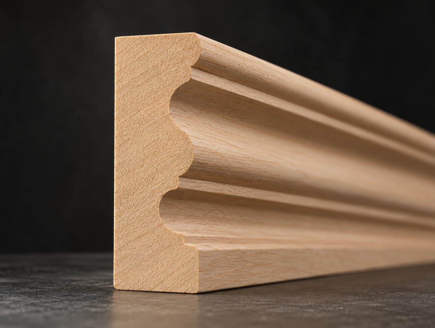 End of an unfinished hardwood moulding showing its milled profile of coves and beads